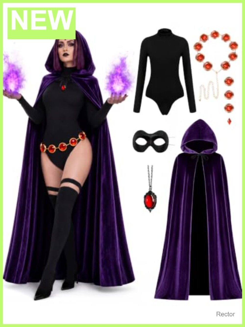 Raven Costume 6PCS Purple Hooded Cloak Bodysuit Red Gem Belt